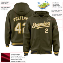 Load image into Gallery viewer, Custom Olive Cream Old Gold-Black Bomber Full-Snap Varsity Letterman Salute To Service Hoodie Jacket