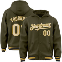 Load image into Gallery viewer, Custom Olive Cream Old Gold-Black Bomber Full-Snap Varsity Letterman Salute To Service Hoodie Jacket