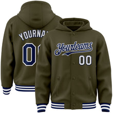 Load image into Gallery viewer, Custom Olive Navy-White Bomber Full-Snap Varsity Letterman Salute To Service Hoodie Jacket
