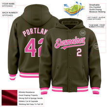 Load image into Gallery viewer, Custom Olive Pink-White Bomber Full-Snap Varsity Letterman Salute To Service Hoodie Jacket