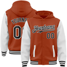 Load image into Gallery viewer, Custom Texas Orange Black-White Bomber Full-Snap Varsity Letterman Two Tone Hoodie Jacket