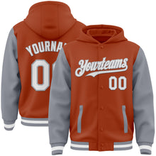 Load image into Gallery viewer, Custom Texas Orange White-Gray Bomber Full-Snap Varsity Letterman Two Tone Hoodie Jacket