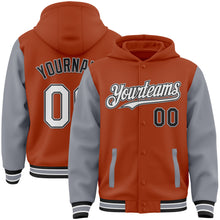 Load image into Gallery viewer, Custom Texas Orange Black-Gray Bomber Full-Snap Varsity Letterman Two Tone Hoodie Jacket