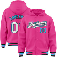 Load image into Gallery viewer, Custom Pink Black-Sky Blue Bomber Full-Snap Varsity Letterman Hoodie Jacket