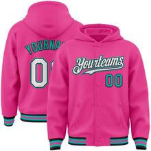 Load image into Gallery viewer, Custom Pink Black-Aqua Bomber Full-Snap Varsity Letterman Hoodie Jacket