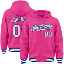 Load image into Gallery viewer, Custom Pink White-Royal Bomber Full-Snap Varsity Letterman Hoodie Jacket
