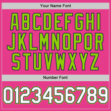 Load image into Gallery viewer, Custom Pink Navy-Neon Green Bomber Full-Snap Varsity Letterman Hoodie Jacket