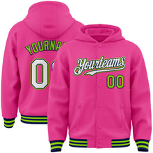 Load image into Gallery viewer, Custom Pink Navy-Neon Green Bomber Full-Snap Varsity Letterman Hoodie Jacket