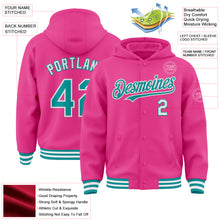 Load image into Gallery viewer, Custom Pink Teal-White Bomber Full-Snap Varsity Letterman Hoodie Jacket
