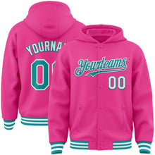 Load image into Gallery viewer, Custom Pink Teal-White Bomber Full-Snap Varsity Letterman Hoodie Jacket