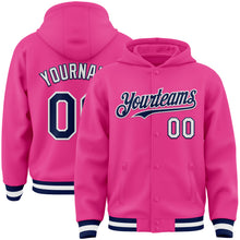 Load image into Gallery viewer, Custom Pink Navy-White Bomber Full-Snap Varsity Letterman Hoodie Jacket