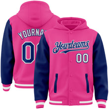 Load image into Gallery viewer, Custom Pink Royal-White Bomber Full-Snap Varsity Letterman Two Tone Hoodie Jacket