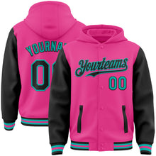 Load image into Gallery viewer, Custom Pink Black-Aqua Bomber Full-Snap Varsity Letterman Two Tone Hoodie Jacket
