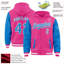 Load image into Gallery viewer, Custom Pink Powder Blue-White Bomber Full-Snap Varsity Letterman Two Tone Hoodie Jacket