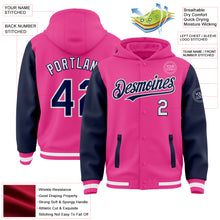 Load image into Gallery viewer, Custom Pink Navy-White Bomber Full-Snap Varsity Letterman Two Tone Hoodie Jacket