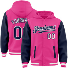 Load image into Gallery viewer, Custom Pink Navy-White Bomber Full-Snap Varsity Letterman Two Tone Hoodie Jacket