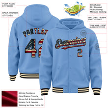 Load image into Gallery viewer, Custom Light Blue Vintage USA Flag Black-Cream Bomber Full-Snap Varsity Letterman Hoodie Jacket