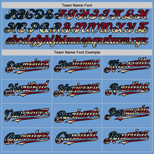 Load image into Gallery viewer, Custom Light Blue Vintage USA Flag Black-Cream Bomber Full-Snap Varsity Letterman Hoodie Jacket