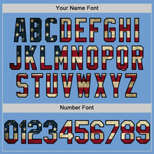 Load image into Gallery viewer, Custom Light Blue Vintage USA Flag Black-Cream Bomber Full-Snap Varsity Letterman Hoodie Jacket