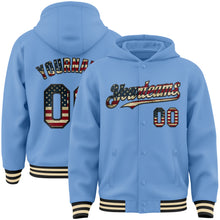 Load image into Gallery viewer, Custom Light Blue Vintage USA Flag Black-Cream Bomber Full-Snap Varsity Letterman Hoodie Jacket