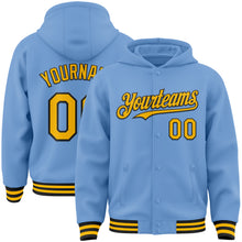 Load image into Gallery viewer, Custom Light Blue Gold-Black Bomber Full-Snap Varsity Letterman Hoodie Jacket