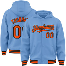 Load image into Gallery viewer, Custom Light Blue Orange-Black Bomber Full-Snap Varsity Letterman Hoodie Jacket