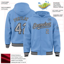 Load image into Gallery viewer, Custom Light Blue Gray-Black Bomber Full-Snap Varsity Letterman Hoodie Jacket