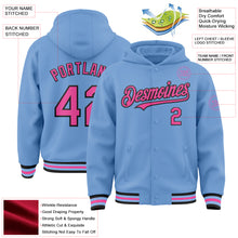 Load image into Gallery viewer, Custom Light Blue Pink-Black Bomber Full-Snap Varsity Letterman Hoodie Jacket
