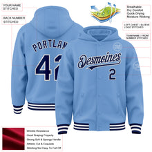 Load image into Gallery viewer, Custom Light Blue Navy-White Bomber Full-Snap Varsity Letterman Hoodie Jacket