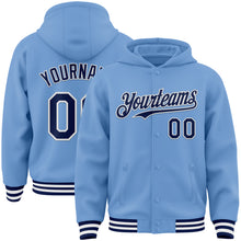 Load image into Gallery viewer, Custom Light Blue Navy-White Bomber Full-Snap Varsity Letterman Hoodie Jacket