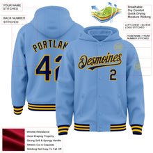 Load image into Gallery viewer, Custom Light Blue Navy-Gold Bomber Full-Snap Varsity Letterman Hoodie Jacket