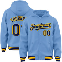 Load image into Gallery viewer, Custom Light Blue Navy-Gold Bomber Full-Snap Varsity Letterman Hoodie Jacket