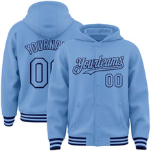 Load image into Gallery viewer, Custom Light Blue Navy Bomber Full-Snap Varsity Letterman Hoodie Jacket