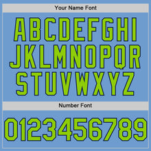 Load image into Gallery viewer, Custom Light Blue Neon Green-Navy Bomber Full-Snap Varsity Letterman Hoodie Jacket