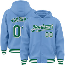 Load image into Gallery viewer, Custom Light Blue Kelly Green-White Bomber Full-Snap Varsity Letterman Hoodie Jacket