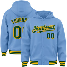 Load image into Gallery viewer, Custom Light Blue Green-Gold Bomber Full-Snap Varsity Letterman Hoodie Jacket