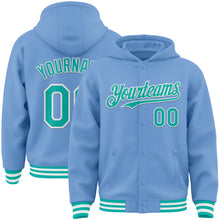 Load image into Gallery viewer, Custom Light Blue Aqua-White Bomber Full-Snap Varsity Letterman Hoodie Jacket