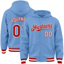 Load image into Gallery viewer, Custom Light Blue Red-White Bomber Full-Snap Varsity Letterman Hoodie Jacket