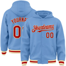 Load image into Gallery viewer, Custom Light Blue Red-Cream Bomber Full-Snap Varsity Letterman Hoodie Jacket