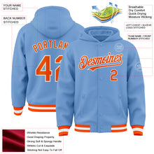 Load image into Gallery viewer, Custom Light Blue Orange-White Bomber Full-Snap Varsity Letterman Hoodie Jacket