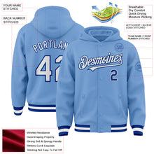 Load image into Gallery viewer, Custom Light Blue White-Royal Bomber Full-Snap Varsity Letterman Hoodie Jacket