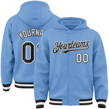 Load image into Gallery viewer, Custom Light Blue Black-White Bomber Full-Snap Varsity Letterman Hoodie Jacket