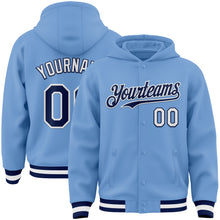 Load image into Gallery viewer, Custom Light Blue Navy-White Bomber Full-Snap Varsity Letterman Hoodie Jacket