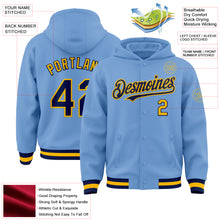 Load image into Gallery viewer, Custom Light Blue Navy-Gold Bomber Full-Snap Varsity Letterman Hoodie Jacket