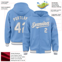 Load image into Gallery viewer, Custom Light Blue White-Gray Bomber Full-Snap Varsity Letterman Hoodie Jacket