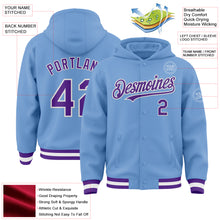 Load image into Gallery viewer, Custom Light Blue Purple-White Bomber Full-Snap Varsity Letterman Hoodie Jacket