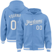 Load image into Gallery viewer, Custom Light Blue White Bomber Full-Snap Varsity Letterman Hoodie Jacket