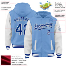 Load image into Gallery viewer, Custom Light Blue Royal-White Bomber Full-Snap Varsity Letterman Two Tone Hoodie Jacket