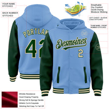 Load image into Gallery viewer, Custom Light Blue Green-Cream Bomber Full-Snap Varsity Letterman Two Tone Hoodie Jacket
