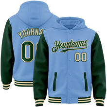 Load image into Gallery viewer, Custom Light Blue Green-Cream Bomber Full-Snap Varsity Letterman Two Tone Hoodie Jacket